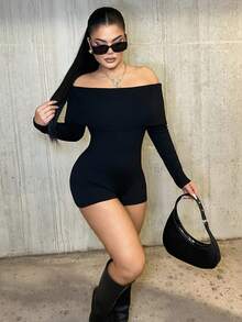 Dayanna Comas 针织罗纹露肩连体裤，适合节日、性感、伊比沙岛音乐节、假日狂欢、假期、感恩节等场合，尽显时尚魅力。 - 黑色 - 查看 4