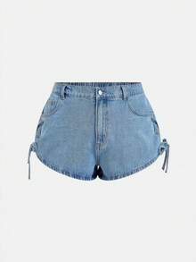 Sweetra Damen Oversize Denim Shorts mit Schleife an der Taille, weite hochgeschnittene schlankende A-Linie sexy Micro Shorts - Mittele Waschung - Übersicht 1