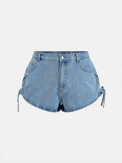 Sweetra Plus Size Women's Bow Tie Waist Denim Shorts, Loose High Waist Slimming A-Line Sexy Micro Shorts