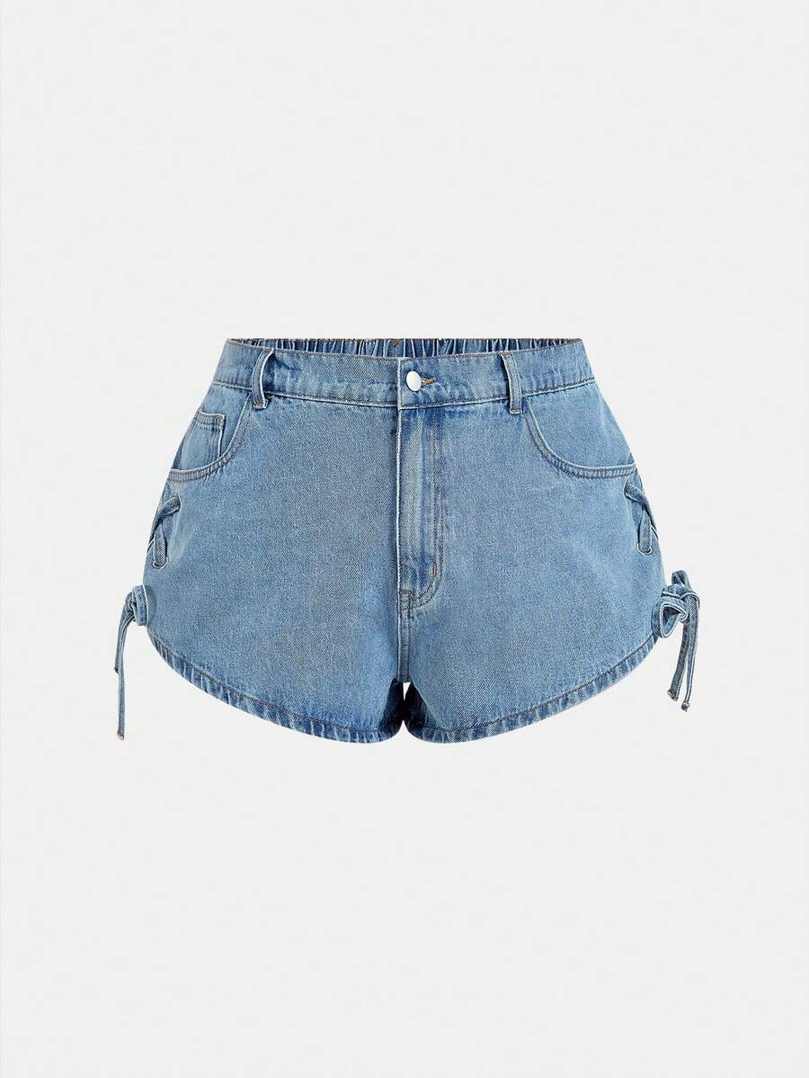 Sweetra Damen Oversize Denim Shorts mit Schleife an der Taille, weite hochgeschnittene schlankende A-Linie sexy Micro Shorts - Mittele Waschung - Übersicht 1