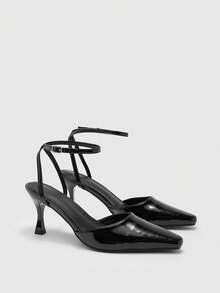 CUCCOO BIZCHIC Women's Pointed Toe Stiletto Heel PU Leather Slip-On Sandals, Fashionable Minimalist Design, Comfortable For Daily, Party And Banquet Wear Valentine's Day - Black - View 7