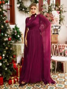 VOLUPTÉ CURVE Maxi-Kleid in Große Größen aus Chiffon, eleganter hochwertiger Göttin-Stil, V-Ausschnitt, Fledermausärmel, geraffte Taille, Kettendekoration, mehrstufiger Rock, geeignet für Valentinstag, formelle Anlässe, Bankette, romantische Stimmung - Bordeaux - Übersicht 5