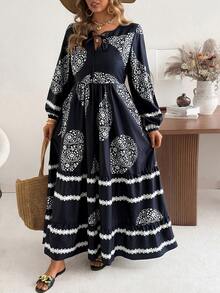 Ceyna 大码V领长袖休闲度假梭织连衣裙，春夏款 - 藏蓝色 - 查看 7