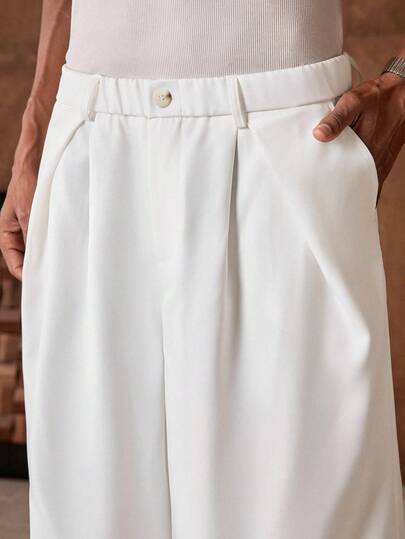 AKNOTIC Bermuda masculina de verão, casual, para uso diário no escritório, cor sólida, com pregas e modelagem folgada.