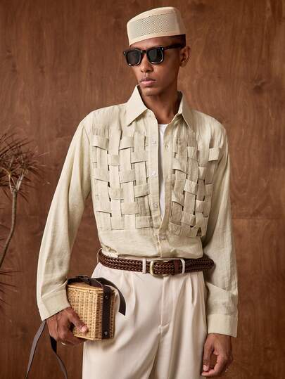 AKNOTIC Business Casual Áo sơ mi nam dài tay màu trơn cài một hàng khuy, áo sơ mi nam dệt kim kẻ sọc, áo sơ mi nam móc len màu be, áo sơ mi nam kiểu miền Tây thập niên 70, trang phục nam phong cách nghỉ dưỡng, áo sơ mi nam Guayabera bốn túi dài tay