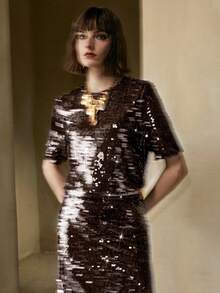 Arave 女士亮片闪光面料短袖圆领拉链套头衫，优雅约会派对亮片优雅上衣 - 咖啡棕 - 查看 4