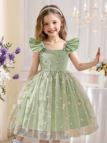 SHEIN Glamorique Kids 少女优雅吊带荷叶边短袖刺绣网纱层叠A字公主裙，适合节日派对、生日礼物、度假、夏季穿着 - 綠色 - 查看 3