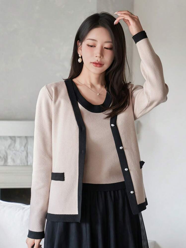 Women's Elegant Contrast Color Patchwork Sleeveless Cardigan Sweater Two Pieces Set, Autumn/Winter