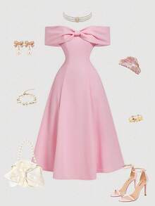 SHEIN MOD 女士纯色露肩收腰优雅中长连衣裙，适合派对场合 - 粉色 - 查看 4