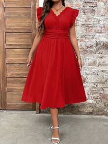 SHEIN Clasi Vestido midi casual rojo de talla grande para mujer con cuello en V, volantes, mangas de campana y diseño de línea A con bajo acampanado - Rojo - Ver 3