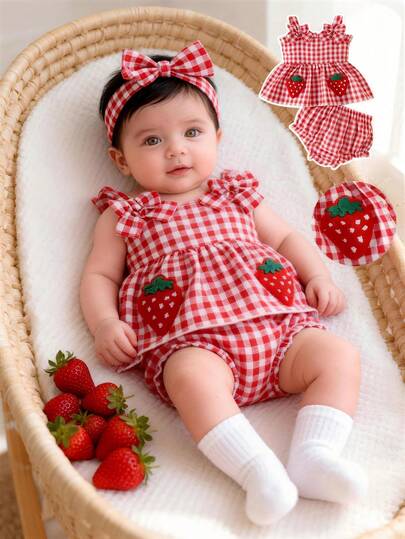 SHEIN Newborn Girl Red White Grid Bow And Strawberry Embroidered Strap Top With Triangle Shorts 2 Pieces Set Summer New Cute Little Clear New Style Suitable For Taking Photos And Vacation Strawberry Romper Strawberry Outfits Baby Girl