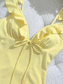 Swim Mod Áo tắm liền thân ngọt ngào dành cho nữ, phối màu sọc, chất liệu đặc biệt, viền bèo nhún, kiểu dáng dự tiệc bể bơi, mùa xuân/hè. - Màu vàng - Xem 4