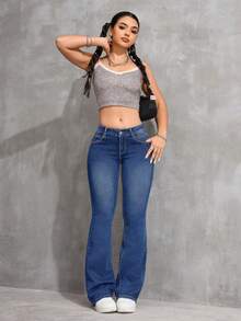 SHEIN CURVE+ 大码牛仔女郎蓝色弹力紧身牛仔裤，春季款 - 深色水洗藍 - 查看 6