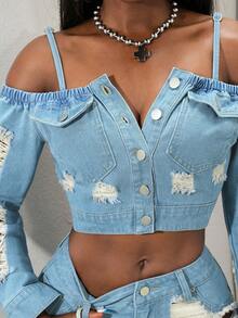 Slaydiva 女士单排扣做旧长袖短款牛仔外套，时尚百搭，适合度假和派对穿着，露肩设计 - 淺色水洗藍 - 查看 7