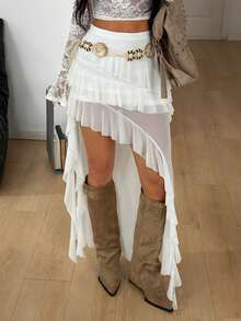 Coolane Women's Summer Concert Outfit Streetwear Vacation Outfits Boho Y2K Country Concert Gyaru Lace Asymmetrical Ruffle Fringe White Low Rise Long Skirts - White - View 5