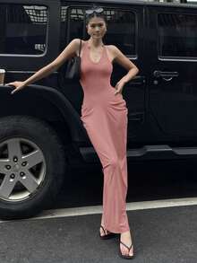 DAZY Women's V-Neck Bodycon Maxi Wrap Dress Summer Sundress - Pink - View 5