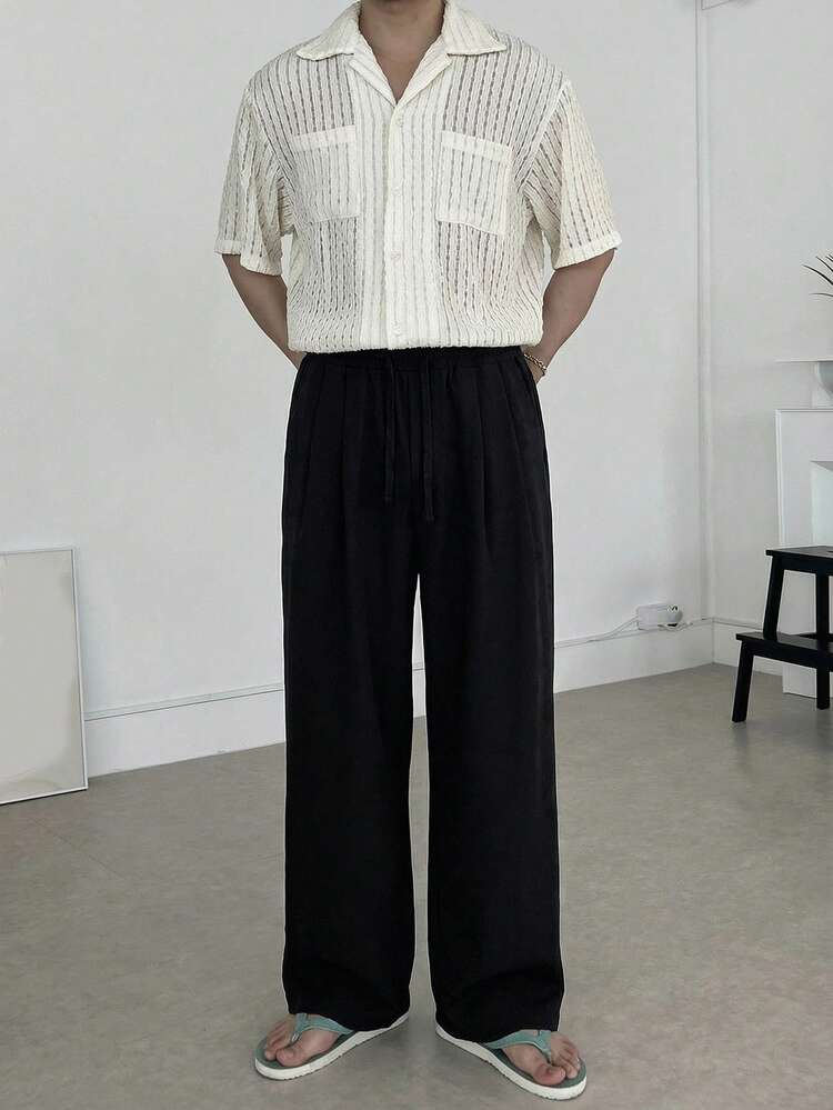 Men's Solid Black Elastic Waist Pants, Spring