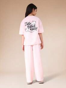 SUMWON Bear Graphic Short Sleeve T-Shirt And Wide Leg Pants Set With Motivational Text Print Casual Co-Ord - Baby Pink - View 8