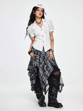Grunge Punk Punk Nautik Rüschen Saum Damen Kurzarm Bluse
