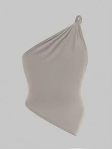 SHEIN Tween Girls Casual Burgundy Khaki Twist One Shoulder Top Elegant Slim Top T-Shirt, For Dailywear Cute Girl Clothes Tween Cute Tops Teen Girl Tween Summer Tight Tops Asymmetrical Top Girls No Shoulder Tween Top One Shoulder Top For Girls Girls Brown Top Girls One Shoulder Top - Khaki - View 3
