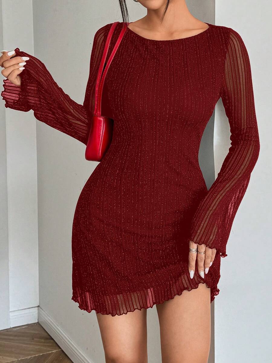 SHEIN EZwear Đầm ngắn lưới dệt kim màu đỏ dành cho nữ, thích hợp cho ngày Valentine. - Đỏ - Xem 1