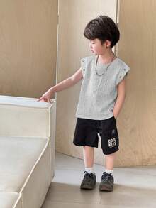 SHEIN Young Boy Casual Letter Embossed Loose Fit Round Neck Tank Top, Summer