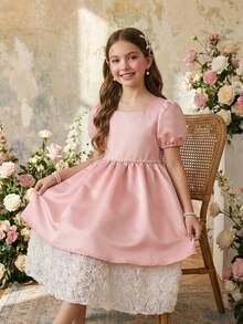 Đầm công chúa bằng satin thanh lịch dành cho bé gái tuổi teen, đính ngọc trai, eo thắt, chân váy xòe họa tiết hoa, thích hợp cho các dịp trang trọng như dạ hội, tiệc tùng, sinh nhật. - Hồng - Xem 5