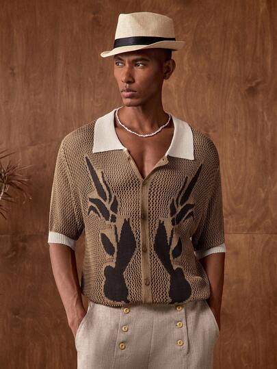 AKNOTIC Business Casual Men's Crochet Floral Knit Loose Casual Short Sleeve Sweater Shirt, Suitable For Summer, Vacation, Daily Wear, Party, Couple, Men's Gift