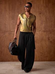 AKNOTIC Business Casual 男士休闲黑色纯色背心，宽松版型，适合春夏穿着，可用于通勤、健身、约会、聚会、日常穿着等场合，小众风格。 - 金色 - 查看 4