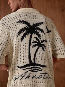 AKNOTIC Business Casual Men's Palm Tree Print Short Sleeve Polo Knit Top, Vacation Wear - Apricot - View 1