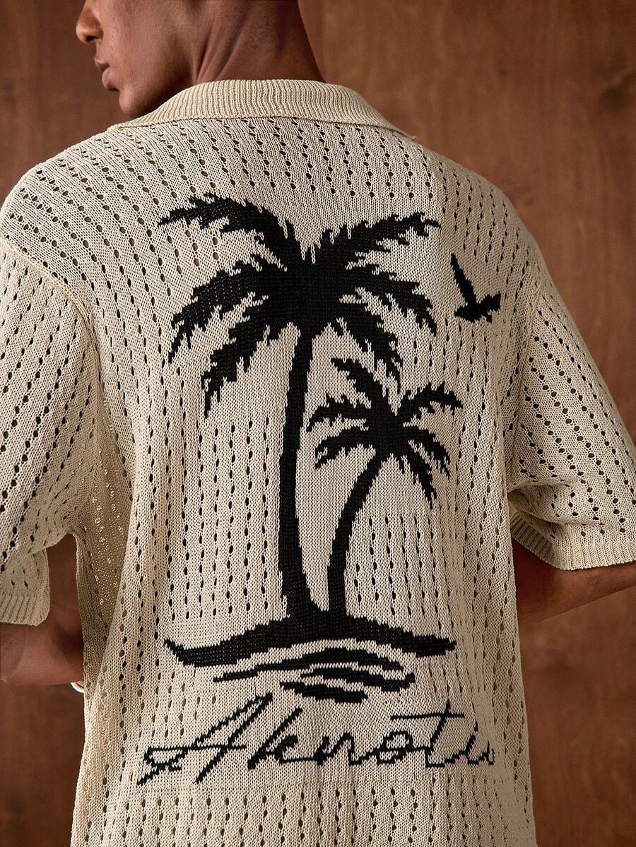 AKNOTIC Business Casual Men's Palm Tree Print Short Sleeve Polo Knit Top, Vacation Wear - Apricot - View 1