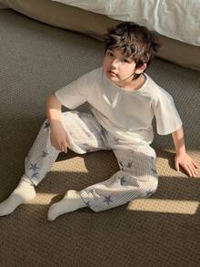 DAZY 男童纯色短袖T恤和条纹星星印花长裤睡衣套装，夏季