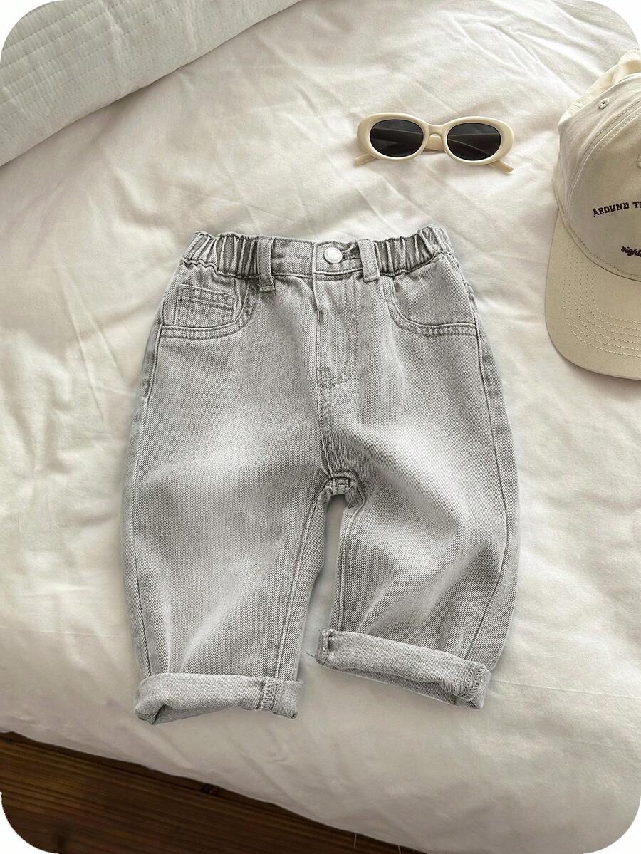SHEIN Baby Boy Casual Washed Distressed Elastic Waist Jeans - Light Wash - View 1
