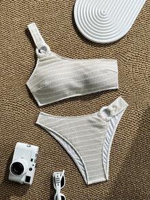 Swim Vcay 两件套女士泳衣套装，杏色条纹纹理面料，单肩白色圆环装饰设计，沙滩度假泳装比基尼套装，春夏款 - 彩色 - 查看 4