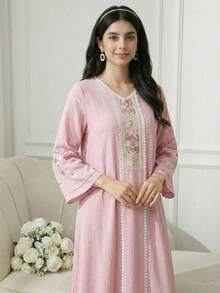SHEIN Teen Girl Pastel Pink Autumn Casual Vacation Lace Trim V-Neck Loose Maxi Dress,Embroidered Mesh Long Sleeve Wavy Fabric Muslim Abaya Dress For School - Pink - View 2