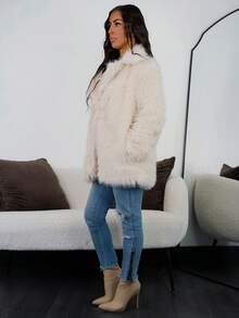 SAYEHFBABY 女式厚款宽松翻领仿皮草大衣，带口袋，秋冬 - 杏色 - 查看 4