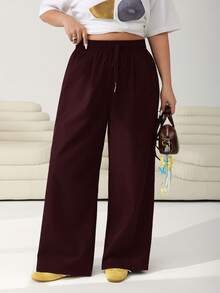 Solflare Wine Red Plus Size Women's Drawstring Waist Wide Leg Loose Pants, Autumn/Winter/Spring - Burgundy - View 6