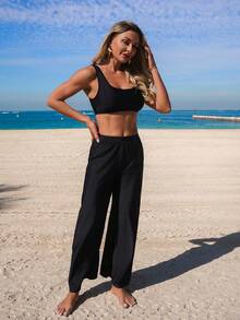 Swim Mulvari 2pcs/Set Women's Black Long Sleeve & Flared Pants Loose Cuffed Sleeve Burkini Swimsuit, Suitable For Spring/Summer Beach - Black - View 7