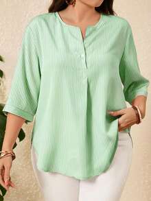 Rusticease Plus Size Casual/Work Striped Shirt, Spring/Summer - Green - View 4
