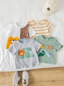 SHEIN 4件套男女宝宝可爱动物印花短袖针织T恤套装，春夏宝宝服装 - 彩色 - 查看 3