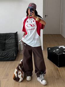 Coolane Women's Summer Streetwear Back To School Club Oversized Racing Motorcycle Print Color Block Raglan Sleeve T-Shirt Streetwear Top - White - View 5