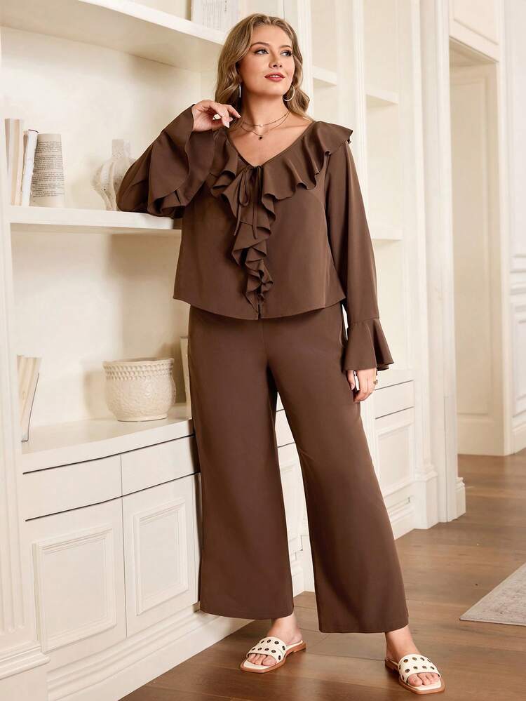 Plus Size Solid Color Ruffle Trim Long Sleeve Top & Pants 2 Pieces Set/Summer/Spring/Vacation Blouse And Pants Set Brown Blouses Casual Sets For Women