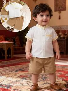 2pcs Baby Boy White Summer Casual Family Matching Colorblock Print Short Sleeve Woven Shirt,Loose Shorts Set,Toddler Linen Outfit For Holiday Wear - Khaki - View 2