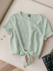 SHEIN LUNE Áo thun tay ngắn màu trơn, cổ tròn, kiểu dáng thường ngày, buộc dây, thích hợp cho mùa hè. - Màu xanh ngọc - Xem 5