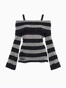 ROMWE Goth 时尚暗黑朋克风做旧设计收腰露肩圆领黑灰条纹毛衣 - 黑色 - 查看 1