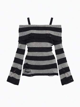 Goth Fashionable Dark Punk Distressed Design Waist Cinched Off-Shoulder Crew Neck Black & Grey Striped Sweater