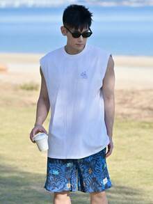 DAZY Men's Letter Print White Loose Tank Top, Summer - White - View 4