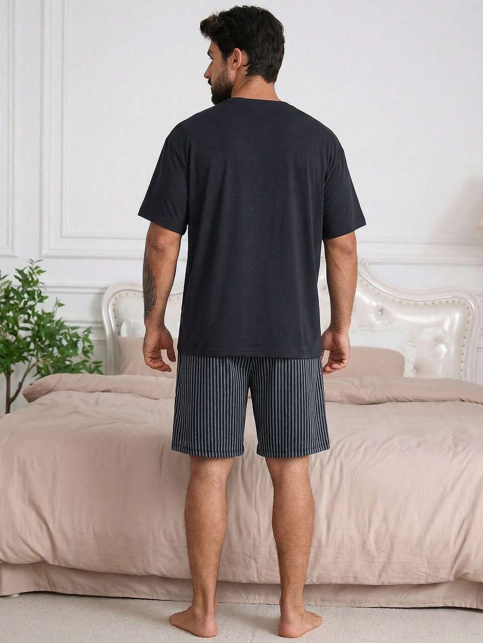 Men's Summer Short Sleeve T-Shirt And Striped Shorts Pajama Set
