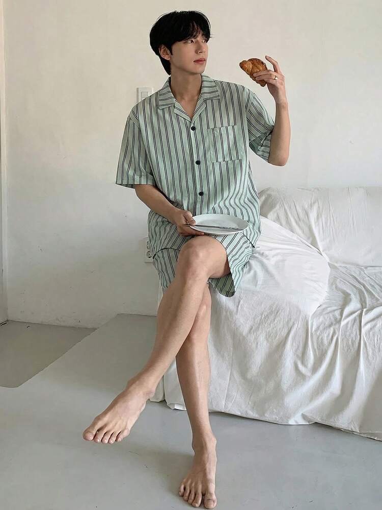 Summer Multi-Color Striped Short Sleeve Shirt And Shorts Men Pajama Set