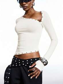 LYSMO 新款简约不对称领长袖修身白色T恤衬衫，女士春季款 - 白色 - 查看 3